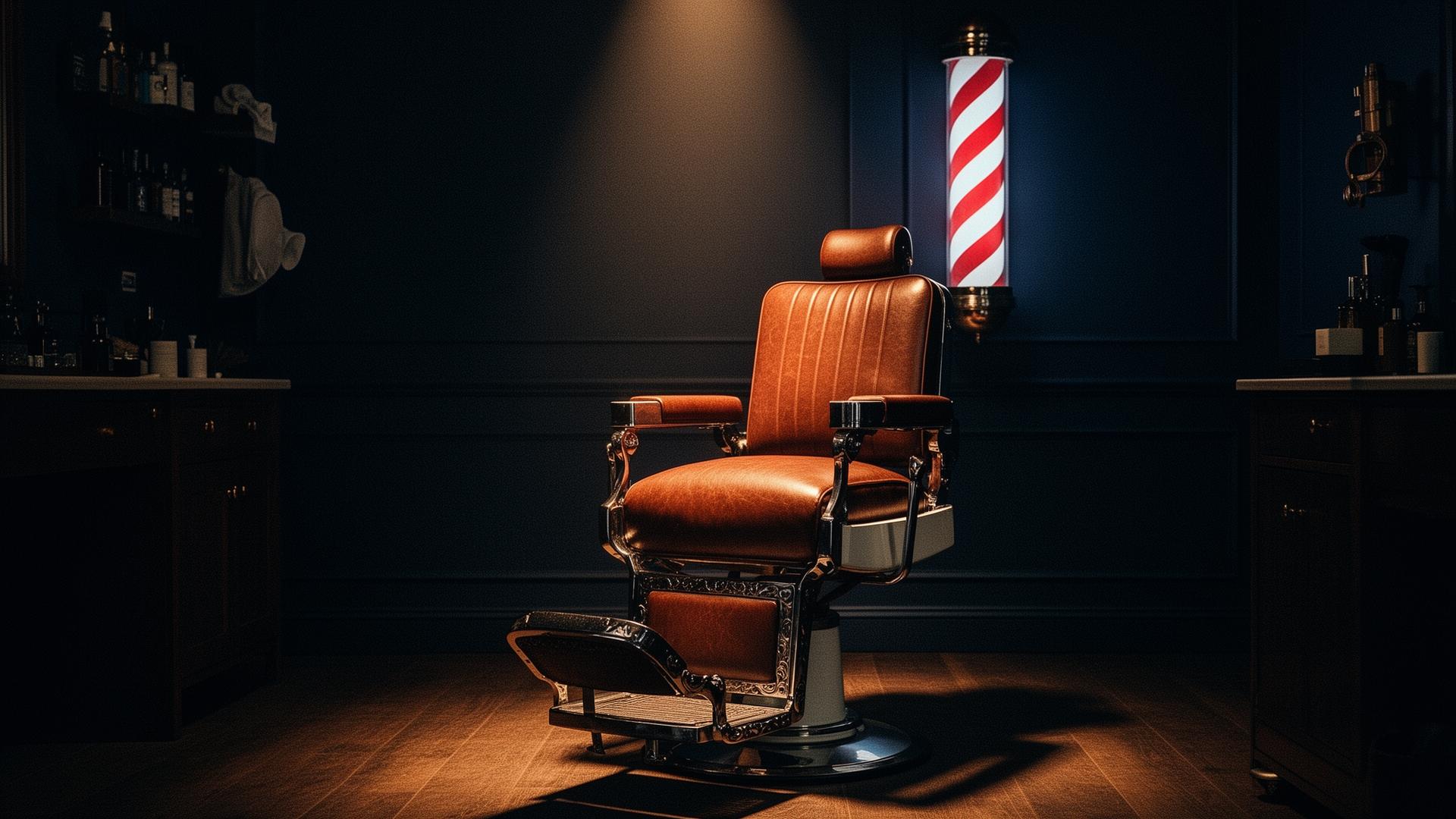 Klassisk premium barbershop med läderstol och barber pole